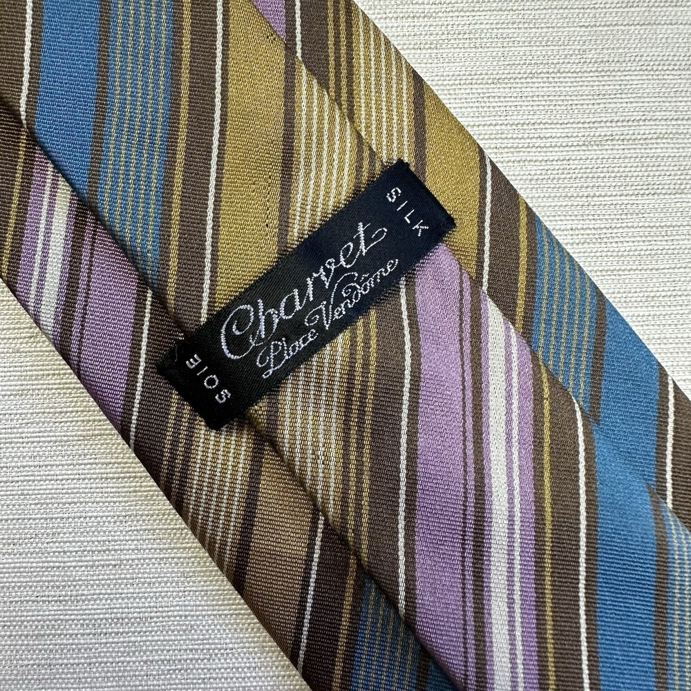 VTG 90's Charvet Place Vendome Silk Tie Stripe Gold Purple Blue France Men
